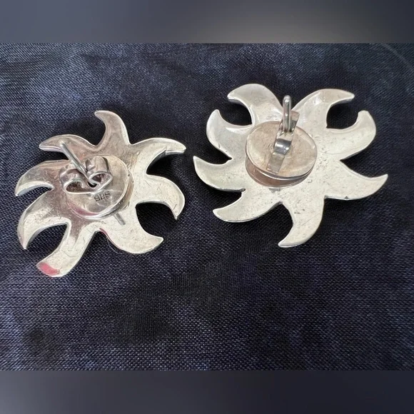 Sterling Silver 925 Sunburst Stud Earrings Black Onyx Center – 1” Vintage - Picture 4 of 5